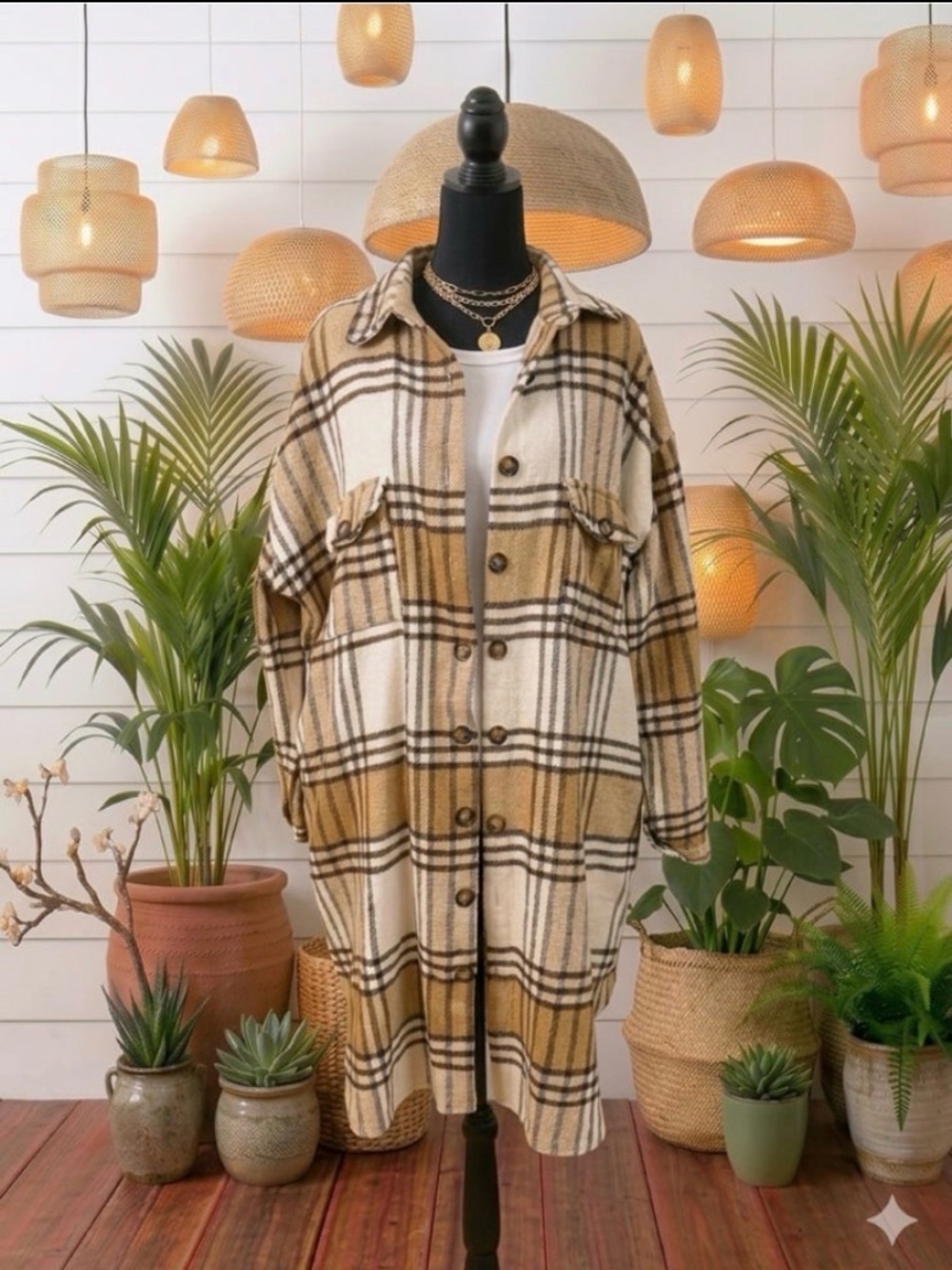 Oversized Plaid Midi Dress - Beige Plaid